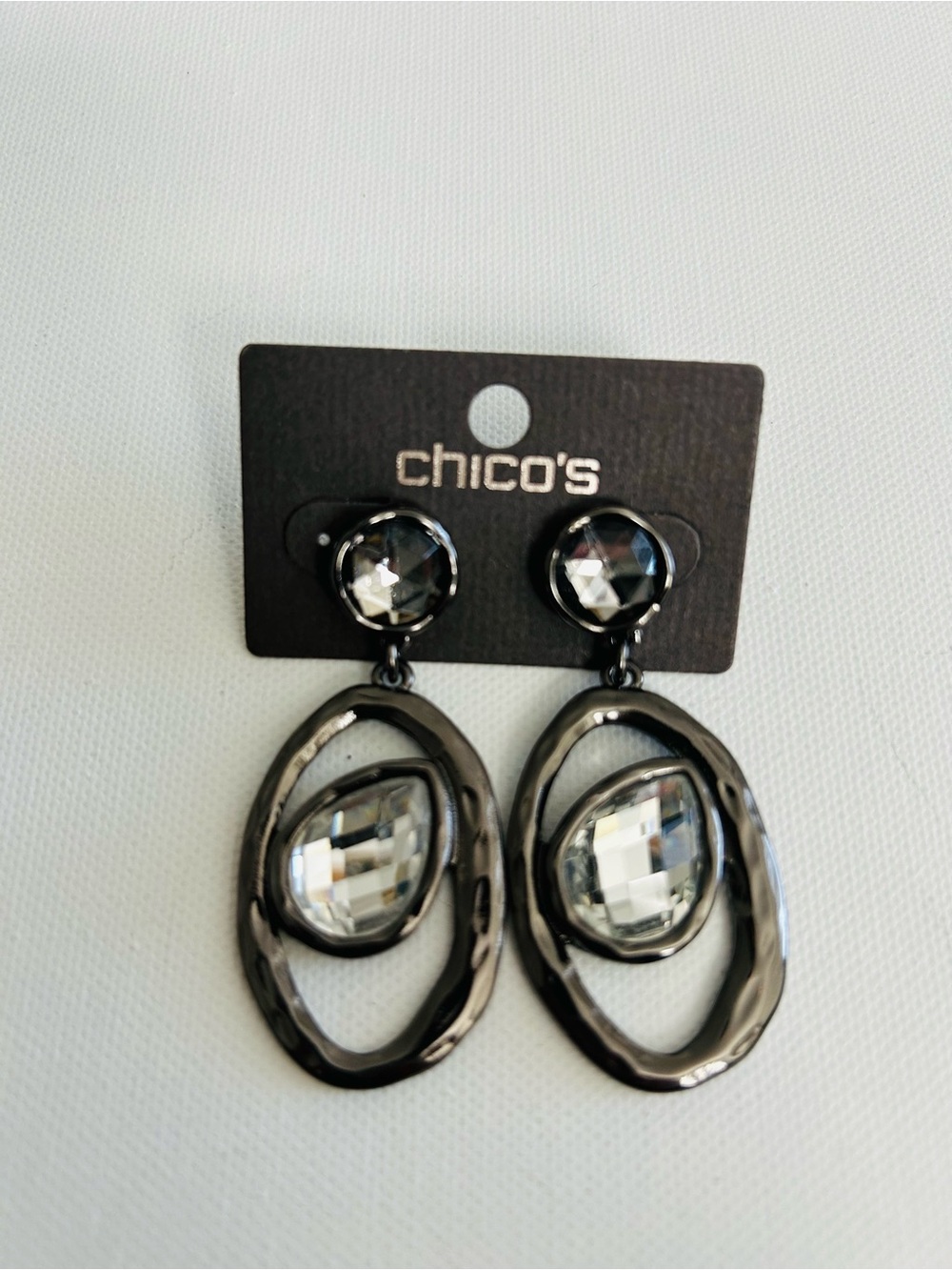 Chico's Gunmetal Oval Drop Earrings with Clear Crystals. NWT